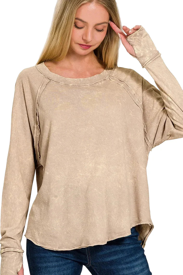 Crinkle Washed Thumb Hole Cuffs Long Sleeve Top