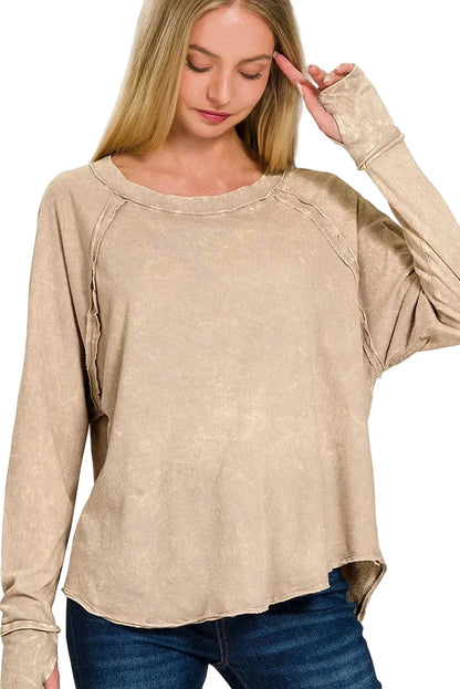 Crinkle Washed Thumb Hole Cuffs Long Sleeve Top