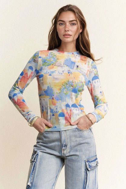 Davi & Dani Multi Printed Mesh Round Neck Long Sleeve Top