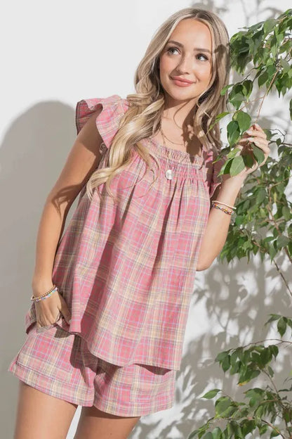 And The Why Plaid Print Smocked Detail Ruffle Baby Doll Top