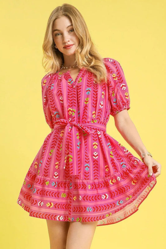Umgee Printed Tie Waist Puff Short Sleeve Mini Dress