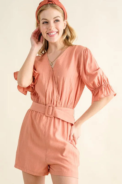 And The Why Flounce Sleeves Romper with Belt