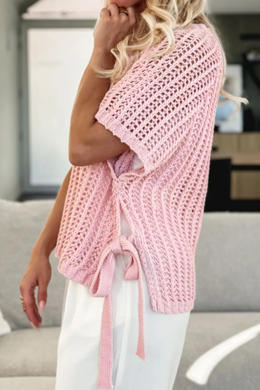 Hollow-out Crochet Side Tied Short Sleeve Knit Cover Up
