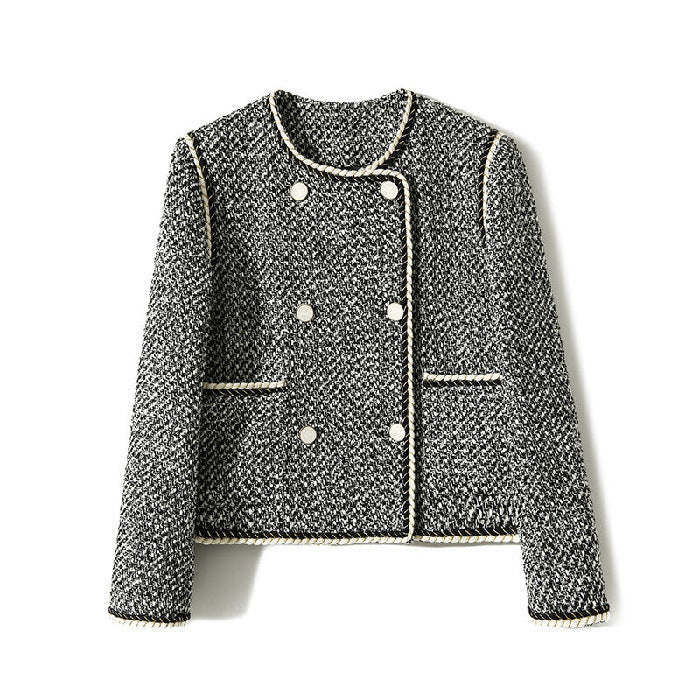 Black White Tweed Double-Breasted Cropped Blazer - Short Coat