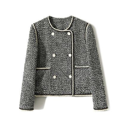 Black White Tweed Double-Breasted Cropped Blazer - Short Coat