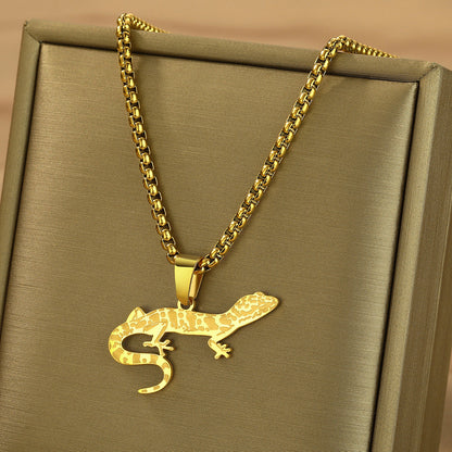 Etched Leopard Gecko Stainless Steel Pendant Necklace