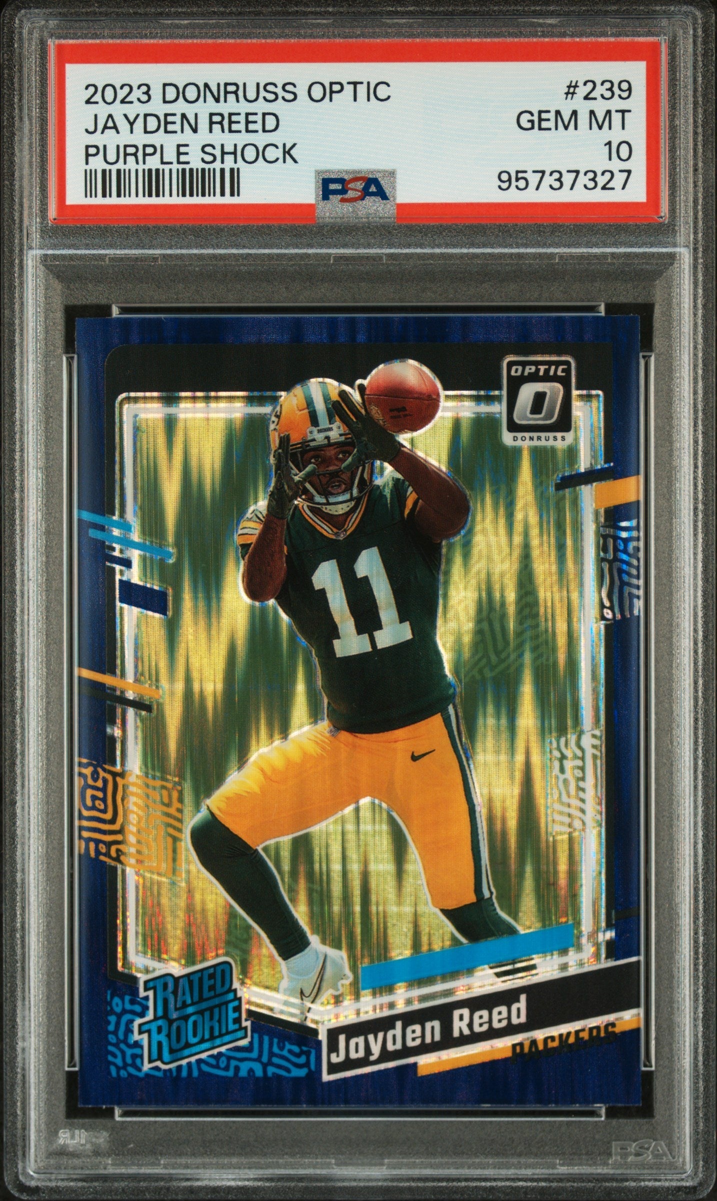 Graded 2023 Panini Donruss Optic Jayden Reed #239 Purple Shock Rookie RC Football Card PSA 10 Gem Mint