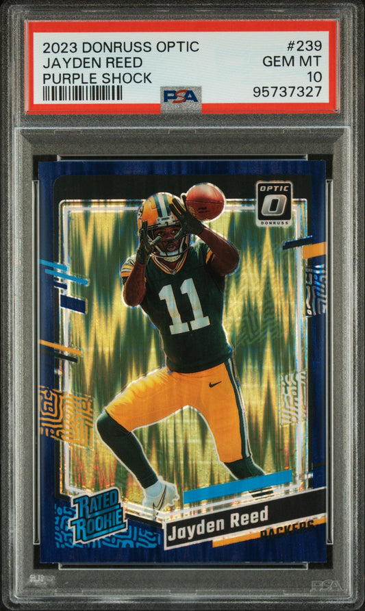 Graded 2023 Panini Donruss Optic Jayden Reed #239 Purple Shock Rookie RC Football Card PSA 10 Gem Mint