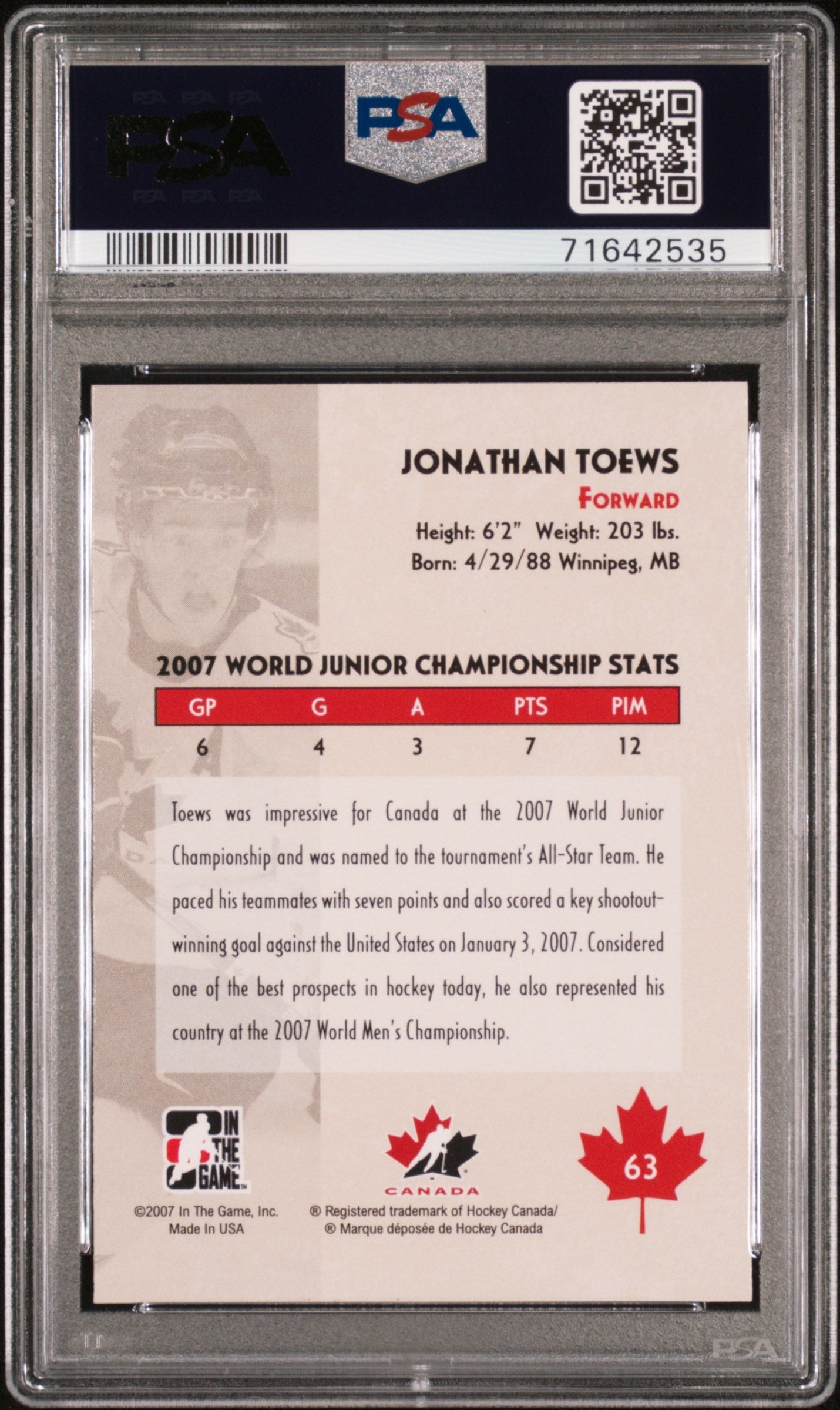 Graded 2007 In The Game Jonathan Toews #63 O' Canada Rookie RC Hockey Card PSA 10 Gem Mint