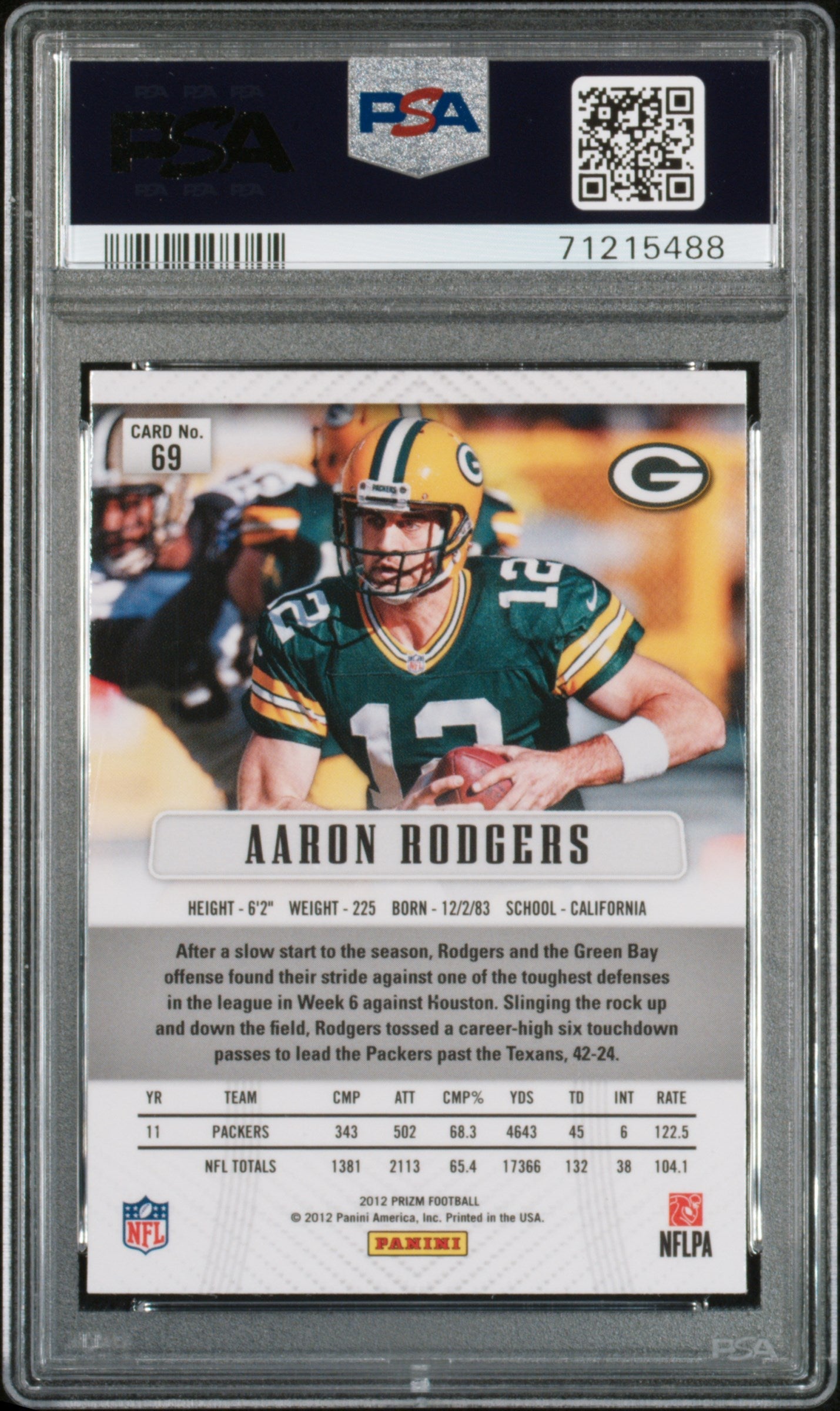 Graded 2012 Panini Prizm Aaron Rodgers #69 Football Card PSA 10 Gem Mint