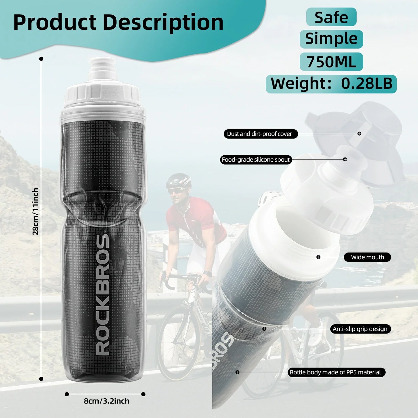 ROCKBROS 24OZ Insulated Bike Water Bottle