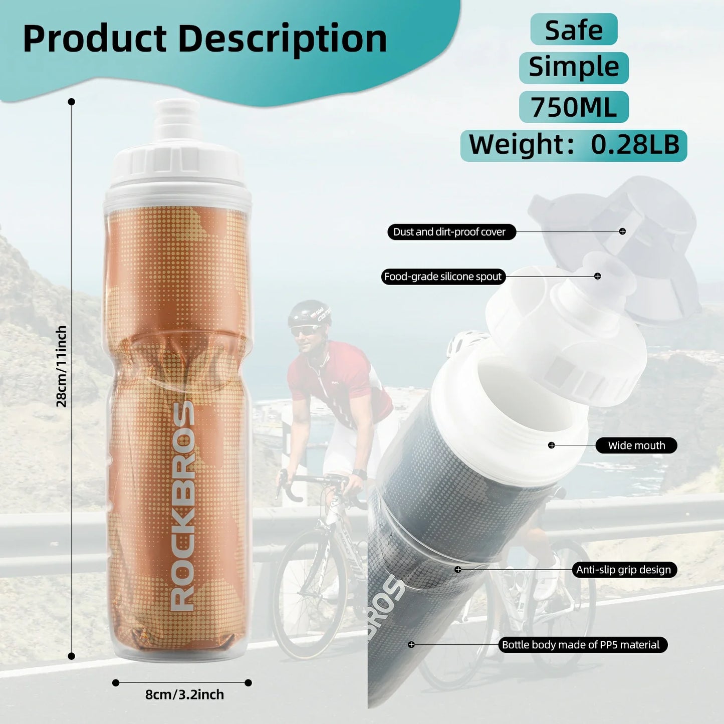 ROCKBROS 24OZ Insulated Bike Water Bottle