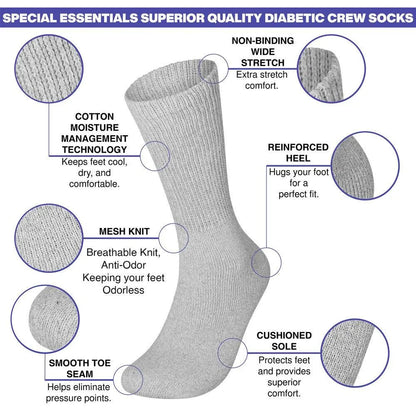 6 Pairs Physicians Approved Diabetic Crew Socks Unisex Black/Grey/White