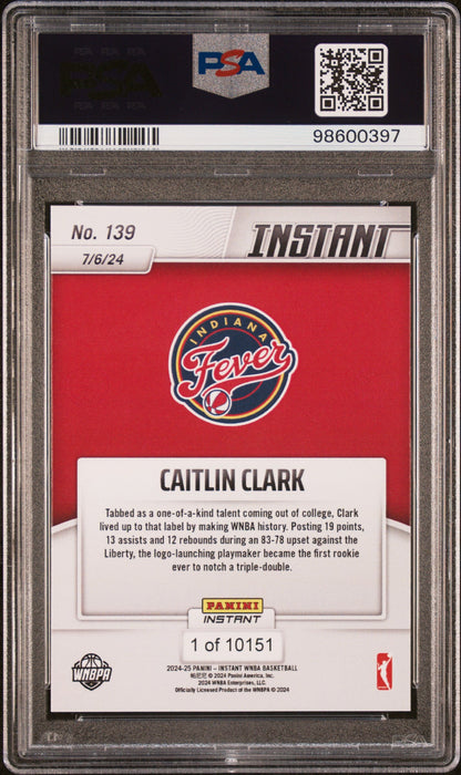 Graded 2024 Panini Instant WNBA Caitlin Clark #139 First Rookie With Triple Double Rookie RC Basketball Card PSA 10 Gem Mint