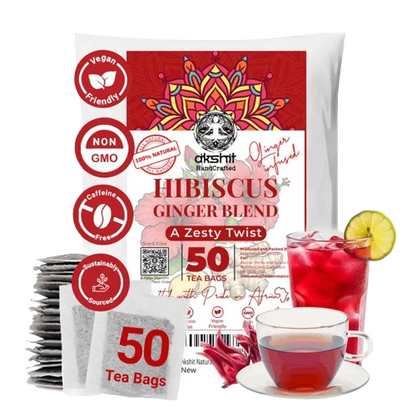 Akshit 50 Hibiscus Ginger Tea Bags – Natural Hibiscus Tea - Stress Relieving & Energy Tea
