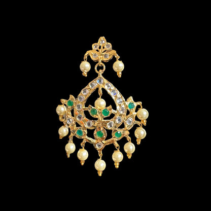 DER562 Dina hyderabadi emerald Chandbali with golden pearls ( SHIPS IN 4 WEEKS )