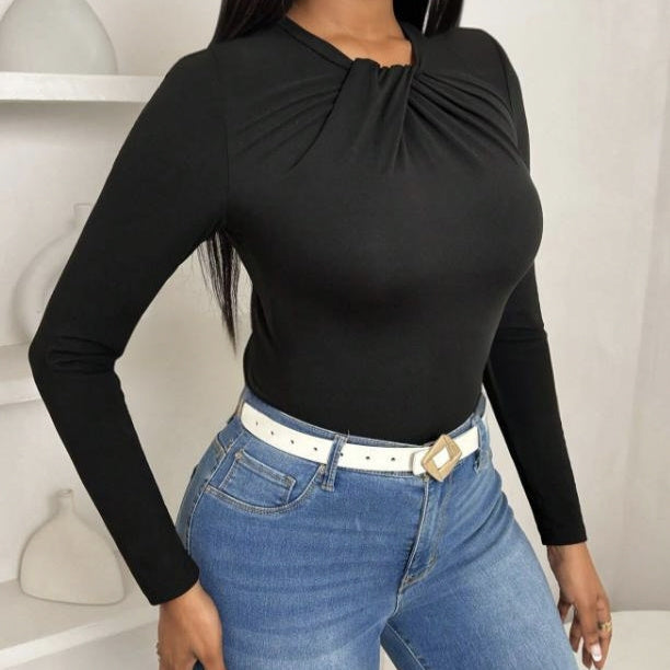 Lightweight Polyester Pleated Collar Slim Fit Long Sleeve Top