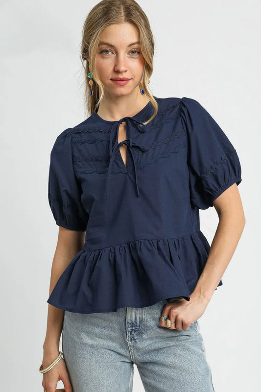 Umgee Tie Front Puff Sleeve Blouse