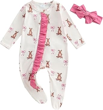 Easter Baby Girl Outfit Ruffle Bunny Print Footies Romper Jumpsuit Newborn Infant Baby Girl Easter Bunny Clothes