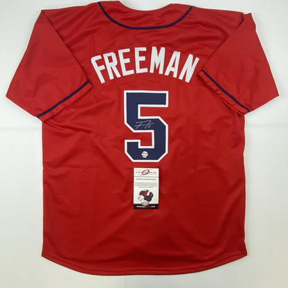 Autographed/Signed Freddie Freeman Atlanta Red Baseball Jersey Lojo Exclusive COA