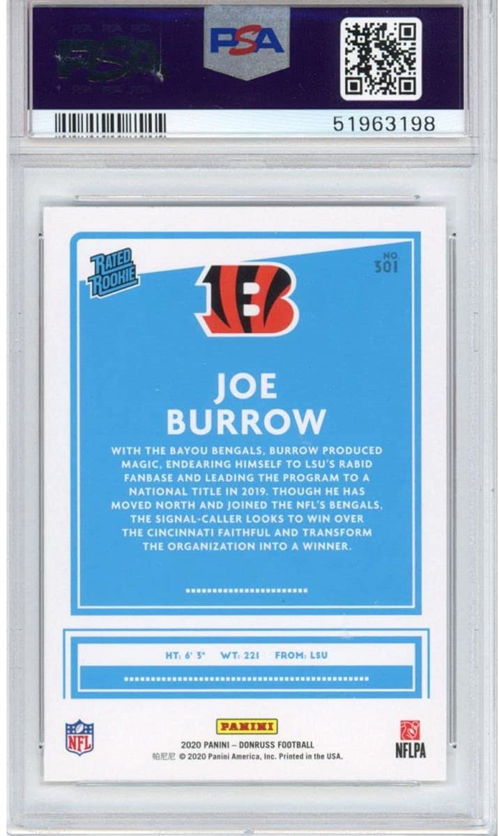 Graded 2020 Panini Donruss Joe Burrow #301 Rookie RC Football Card PSA 10 Gem Mint