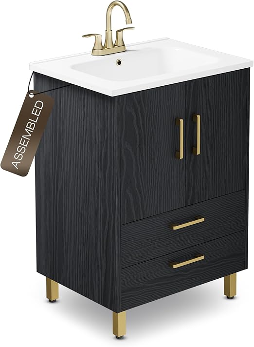 phiestina Fully Pre-Assembled Black 24 inch Bathroom Vanity, 2 Soft Close Doors and 2 Drawers Bathroom Storage Cabinet Set, with 3 Holes Single Ceramic Sink Combo, Faucet Not Included, BV02-BLACK-JH