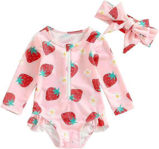 Baby Girl Swimsuit Zip Rash Guard Ruffled Long Sleeve One Piece Swimwear Toddler Bathing Suit Rashguard Beach Wear