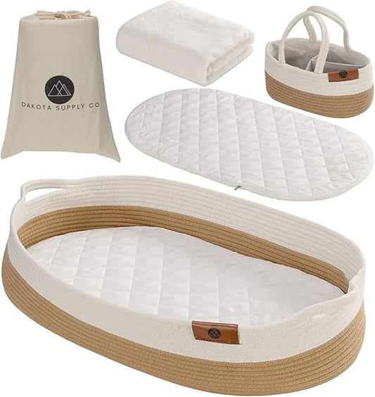 Baby Changing Basket, Moses Diaper Bassinet with foam pad, 2 waterproof covers, blanket, diaper caddy storage organizer, table/dresser/nursery topper, portable Boho station for tables, woven rope tray