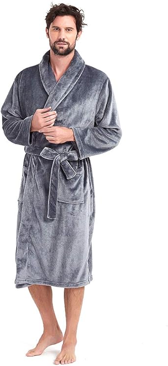 HOLOVE Mens Plush Fleece Shawl Collar Robe•_Î Warm Long Spa Bathrobe with Belt