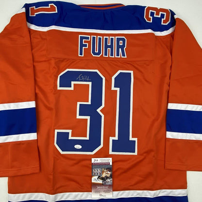 Autographed/Signed Grant Fuhr Edmonton Orange Hockey Jersey JSA COA
