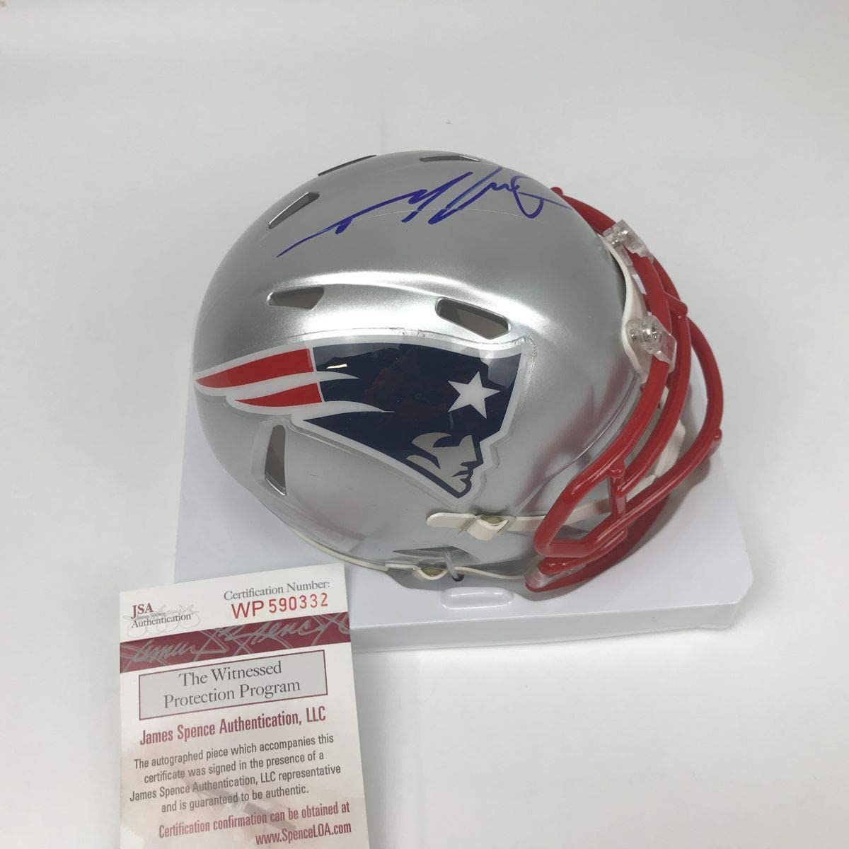 Autographed/Signed Julian Edelman Super Bowl XLIX New England Patriots Football Mini Helmet JSA COA