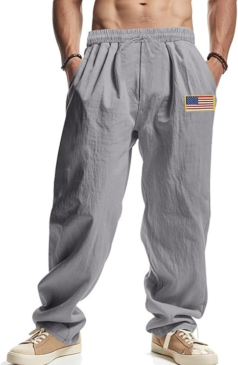 Mens Linen Pants Wide Leg Elastic Waist Medium Waist Summer Casual Yoga Loose Drawstring Sweatpants with Pockets
