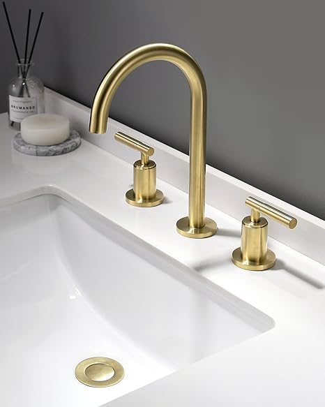 Brushed Gold Bathroom Faucet, Indare Two Handles 360Îç Swivel Spout Widespread 4Inch 8Inch Brass Bathroom Sink Faucet 3 Hole with Pop-Up Drain and Water Supply Lines, Upgraded Style