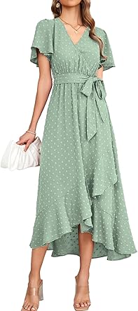 KUTUMAI Women 2024 Swiss Dot Maxi Dress V Neck Wrap Belted Ruffle A Line Flowy Boho Wedding Guest Long Dresses