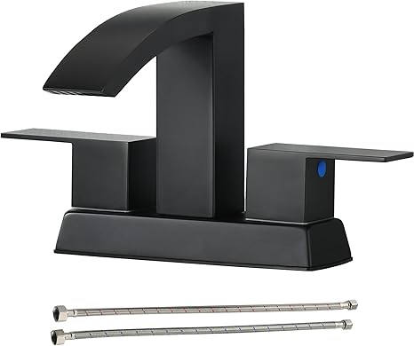 Matte Black Bathroom Faucet, Waterfall Black Faucet for Bathroom Sink, 4 Inch Stainless Steel Bathroom Sink Faucet, Two Handle RVs Lavatory Vanity Faucets with Water Hoses