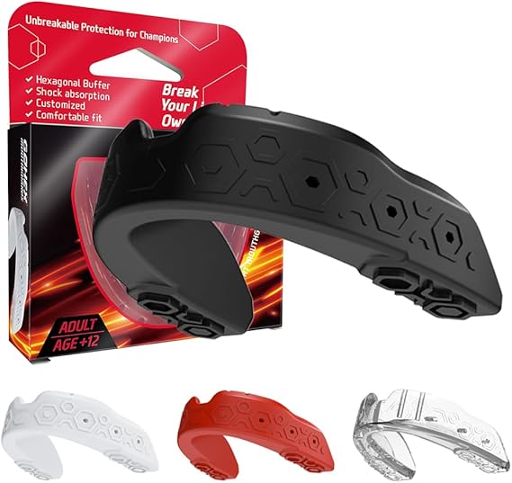 GOHEX Sports Mouthguard for Adults ‰ÛÒ Shock-Absorbing Mouth Guard with Chin Guard for All Contact Sports, Boxing, Lacrosse, Football, Hockey, MMA, and Martial Arts (Black)