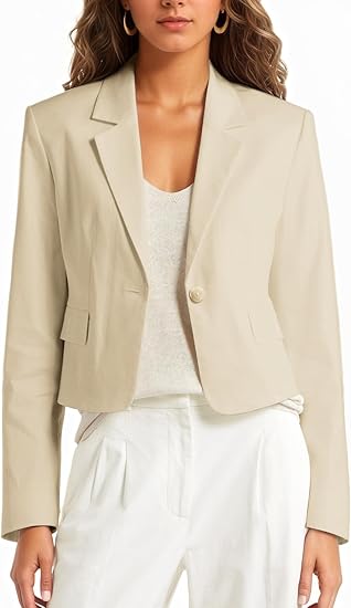 2025 Womens Summer Linen Blazer Cropped Lightweight One Button Trendy Casual Work Office Suit Jackets with Pocket