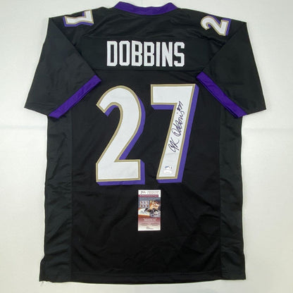 Autographed/Signed JK J.K. Dobbins Baltimore Black Football Jersey JSA COA