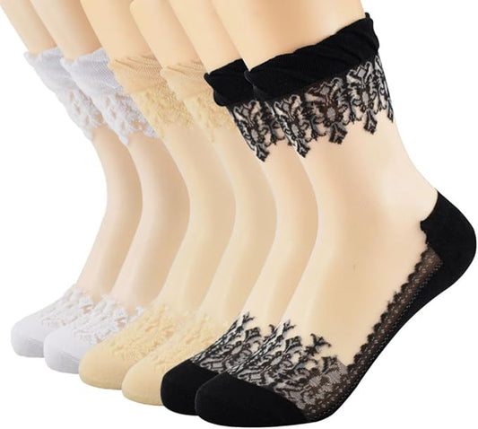4 to 6 Pairs Lace Socks Transparent Ultra Thin Fishnet Socks Elastic Short Mesh Sheer Socks for Women