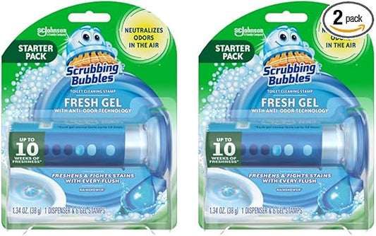 Scrubbing Bubbles Fresh Gel Toilet Bowl Cleaning Stamps, Helps Keep Toilet Clean and Helps Prevent Limescale & Rings, Rainshower Scent, 1 Dispenser with 6 Fresh Gel Stamps (2 Pack)