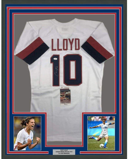 Framed Autographed/Signed Carli Lloyd 35x39 White Soccer Team USA World Cup Jersey JSA COA