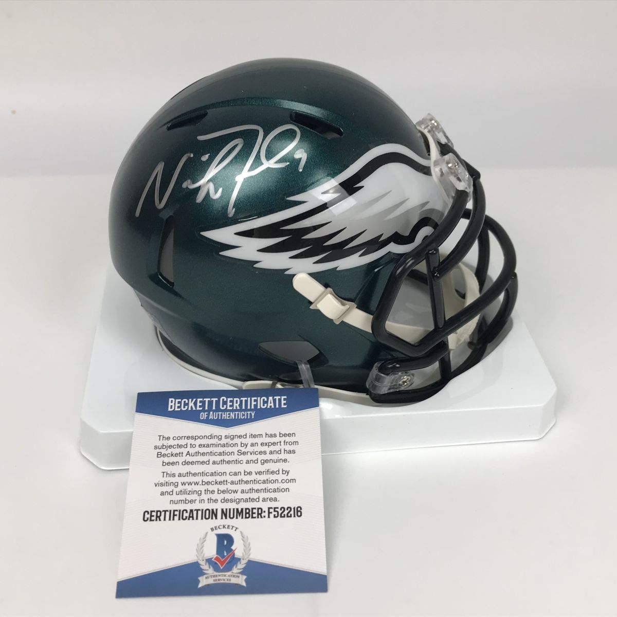 Autographed/Signed Nick Foles Philadelphia Eagles Football Mini Helmet Beckett BAS COA