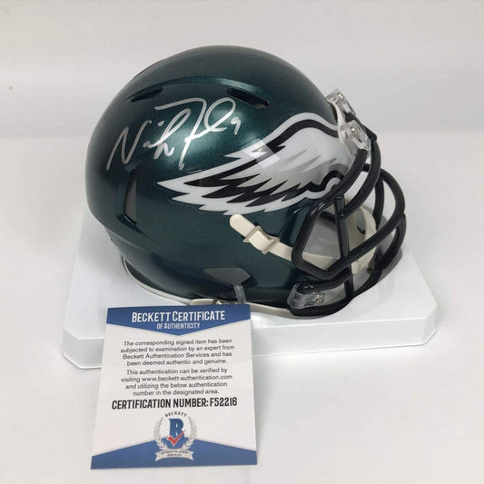 Autographed/Signed Nick Foles Philadelphia Eagles Football Mini Helmet Beckett BAS COA