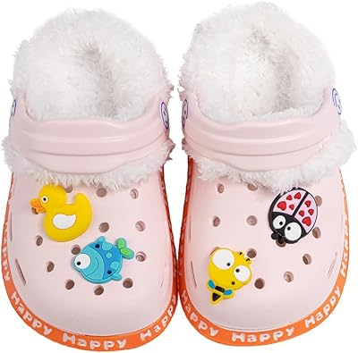 Casazoe Toddler Fur Lined Clogs Boys Girls Winter Warm Slip On Shoes Fleece Lining House Slippers Cartoon Lightweight Outdoor Indoor Home Shoes