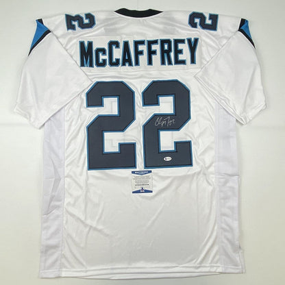 Autographed/Signed Christian McCaffrey Carolina White Football Jersey Beckett BAS COA
