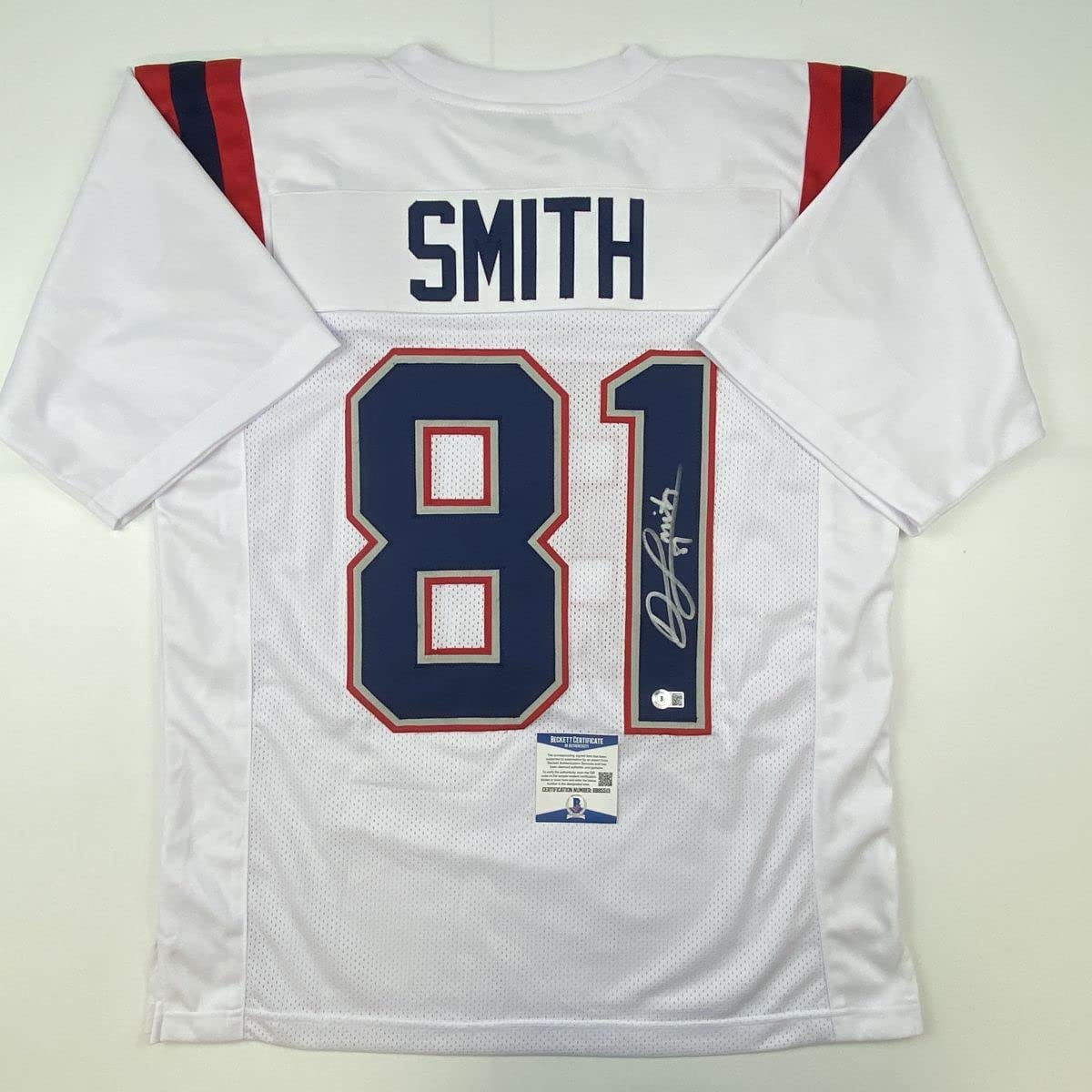 Autographed/Signed Jonnu Smith New England White Football Jersey Beckett BAS COA