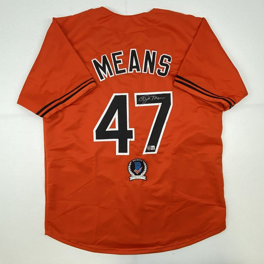 Autographed/Signed John Means Baltimore Orange Baseball Jersey Beckett BAS COA