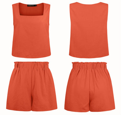 ROYLAMP Women's Summer 2 Piece Outfits Sleeveless Square Neck Crop Tops High Waisted Shorts Set Romper with Pockets Orange L