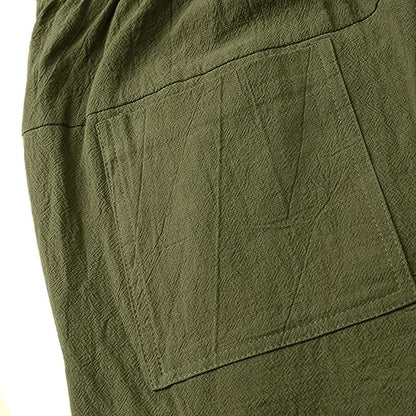 NANAMEEI Sport Mens Yoga Harem Pants Linen Aladdin Pants Summer Trousers Linen Pants Botton Pockets Army Green L