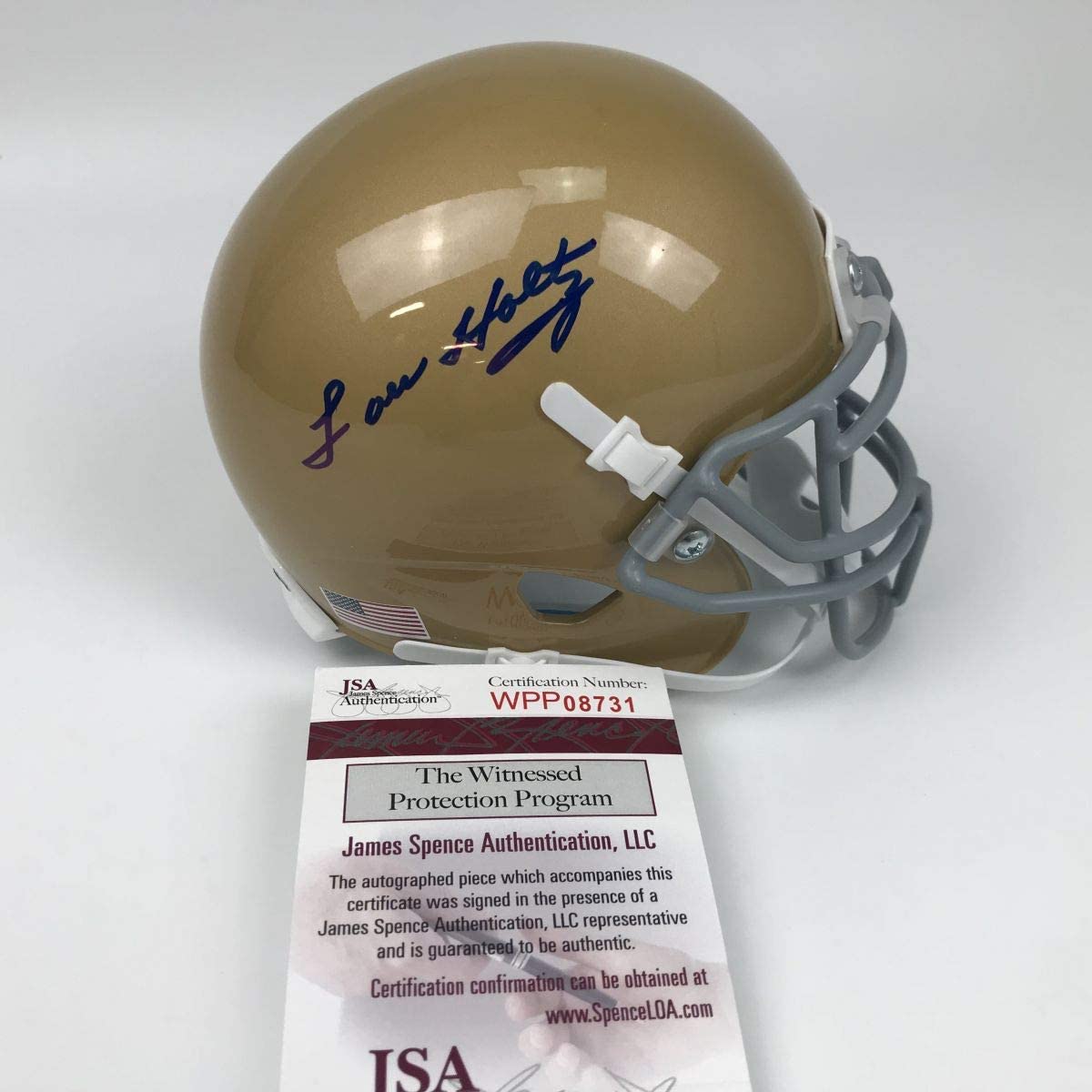 Autographed/Signed Lou Holtz Notre Dame Irish College Football Mini Helmet JSA COA